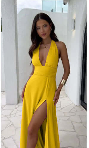 Sexy Halterneck V-neck Slit Dress Summer Backless Strappy Skirt Fashion Temperament Clothing Women Astrazona