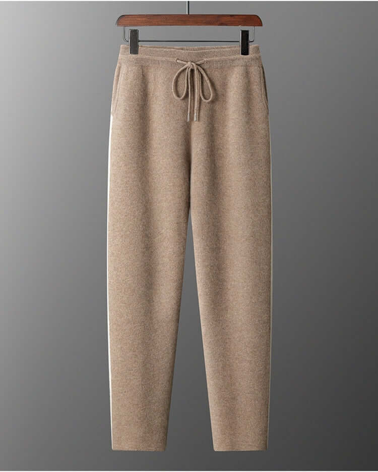 Camel color knitted trousers with drawstring, perfect for casual style and comfort.