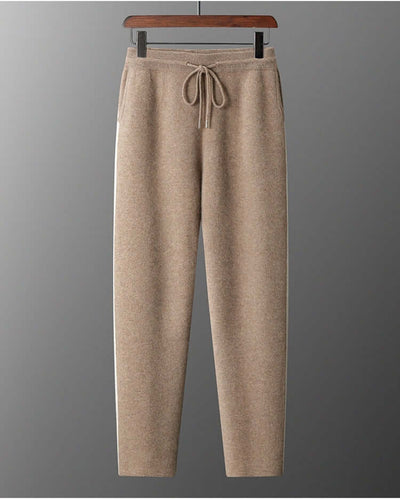 Camel color knitted trousers with drawstring, perfect for casual style and comfort.