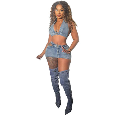 Washed Elastic Denim Casual Sexy Skirt Suit eprolo