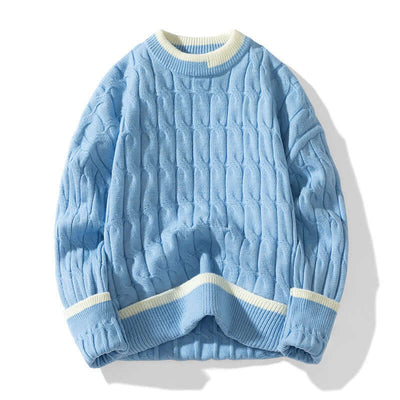 Men's light blue pullover sweater with white trim, ideal for autumn and winter fashion in comfortable modal fabric.