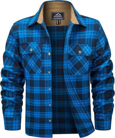 Men's casual blue plaid flannel shirt with button closure and chest pockets, perfect for fall and winter.