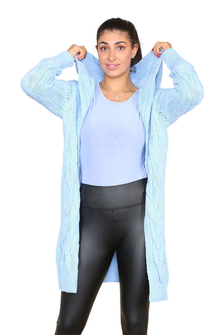 Knitted Cables Hooded Long Over Sized Cardigan eprolo
