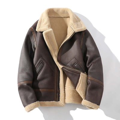 Men's brown fleece-lined polo collar jacket, casual plus size, thickened fabric for winter wear.