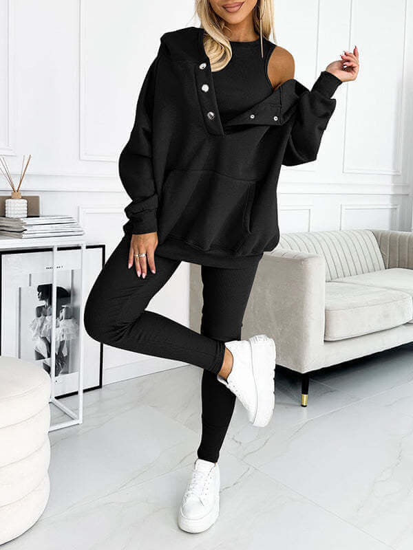 3pcs Women's Sports Suit Loose Hooded Pockets Sweatshirt And Vest And Slim Trousers eprolo