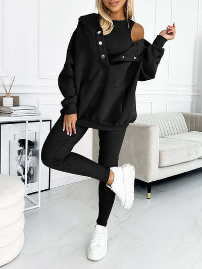 3pcs Women's Sports Suit Loose Hooded Pockets Sweatshirt And Vest And Slim Trousers eprolo