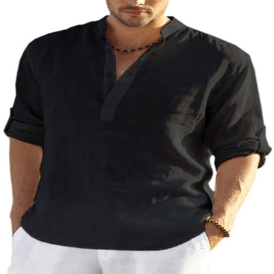 Men's Casual Cotton Linen Solid Color Long Sleeve Shirt Loose Stand Collar Astrazona