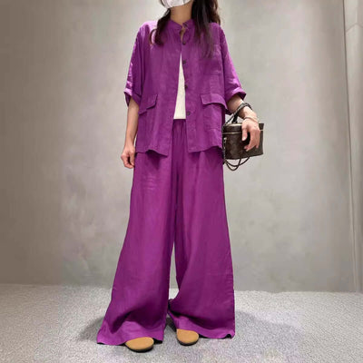 Solid Color Linen Suit Half Sleeve Shirt Casual Pants eprolo