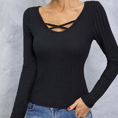 Ladies' Solid Color Collar Cross Design Slim Fit, Simple And Comfortable Elastic Long Sleeved T-shirt eprolo