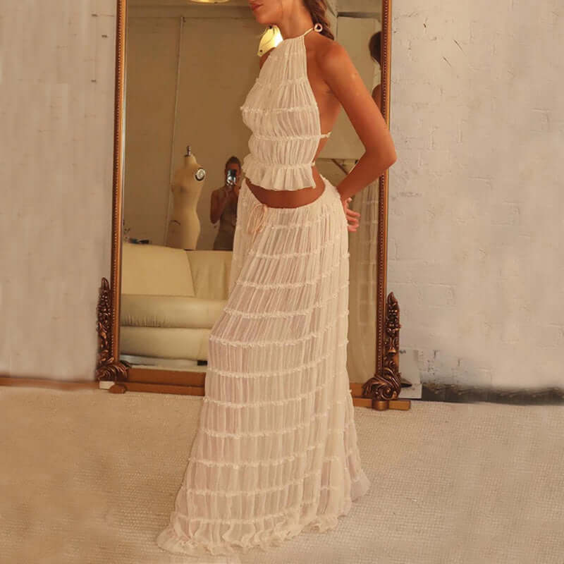 2pcs Women's Dress Suit Sexy Sleeveless Backless Cropped Halter Top And Pleated Long Skirt Beach Clothing eprolo