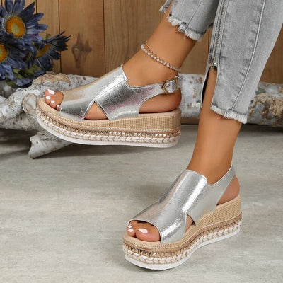 Summer Shiny Sandals Hollow Design Fish Mouth Sandal For Women Fashion Buckle Wedges Shoes eprolo