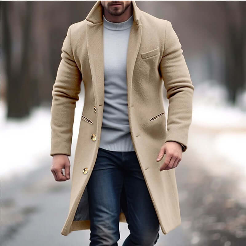 Men's mid-length woolen trench coat in beige, featuring a stylish design, straight hem, and flattering fit for winter fashion.
