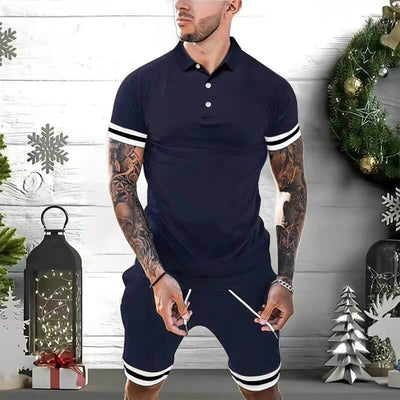 Men's navy polo shirt and shorts set, perfect for summer casual wear and athletic activities.
