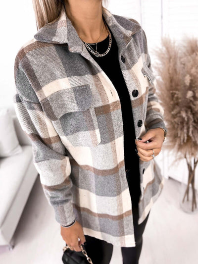 Long-sleeved Single-breasted Plaid Print Shirt Collar Woolen Jacket eprolo