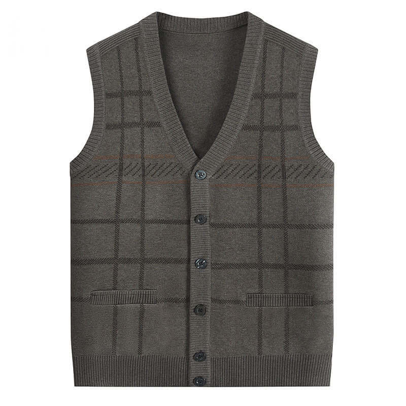 Men's knitted waistcoat vest in gray plaid pattern, perfect for elderly comfort and style.