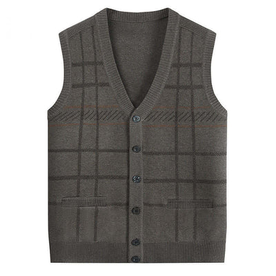 Men's knitted waistcoat vest in gray plaid pattern, perfect for elderly comfort and style.