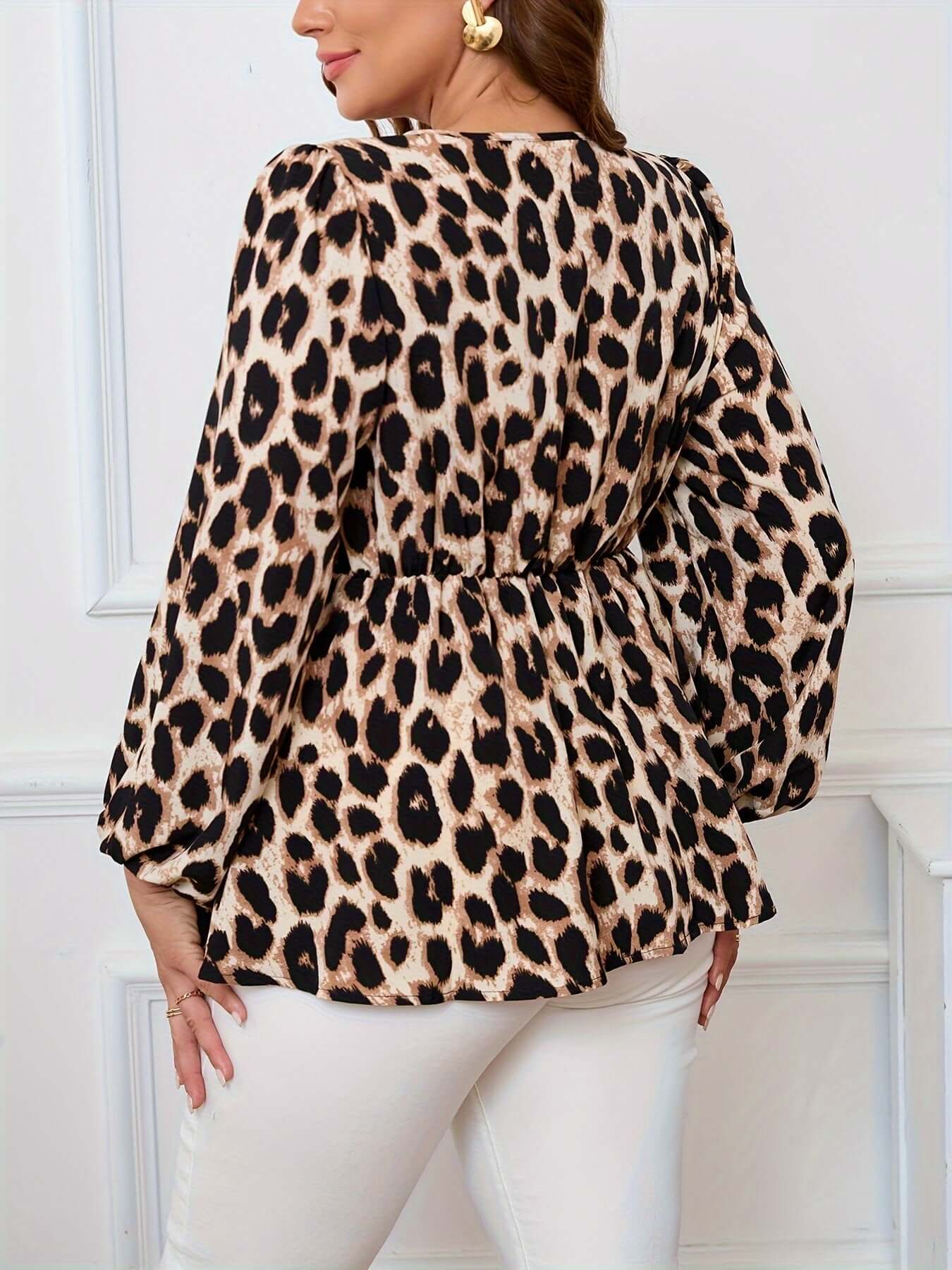 Women's Plus Size Leopard Print Tie-Up Blouse - Casual V-Neck Long Sleeve Spring Top eprolo