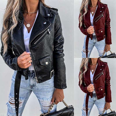 Jacket Top PU Leather Coat in black and wine red with zipper, showcasing stylish long sleeves and casual wear for women.