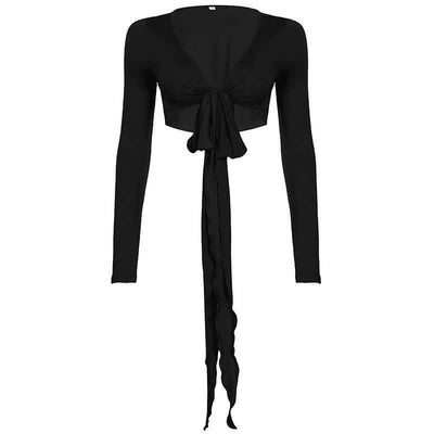 Pure Desire Strap Long-sleeved T-shirt Sexy Deep V-neck Short Blouse eprolo