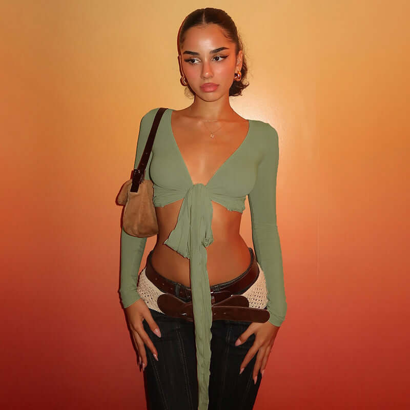 Pure Desire Strap Long-sleeved T-shirt Sexy Deep V-neck Short Blouse eprolo