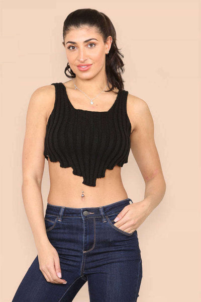 Asymmetric Imogen Hem Knitted Vest Crop Top in black, showcasing a fitted design suitable for casual wear.