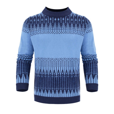 Men's knitted sweater in blue with patterned design, perfect for fall and winter. Available in multiple sizes.