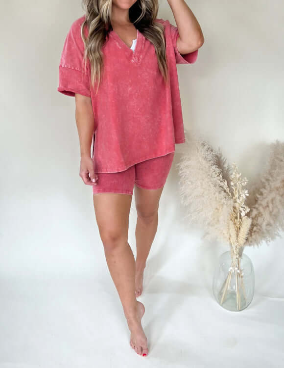 Women's V-Neck Denim-like Short-sleeved T-shirt Casual Shorts Suit eprolo