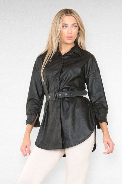 PU Faux Leather Belted Wet Look Shirt Dress eprolo