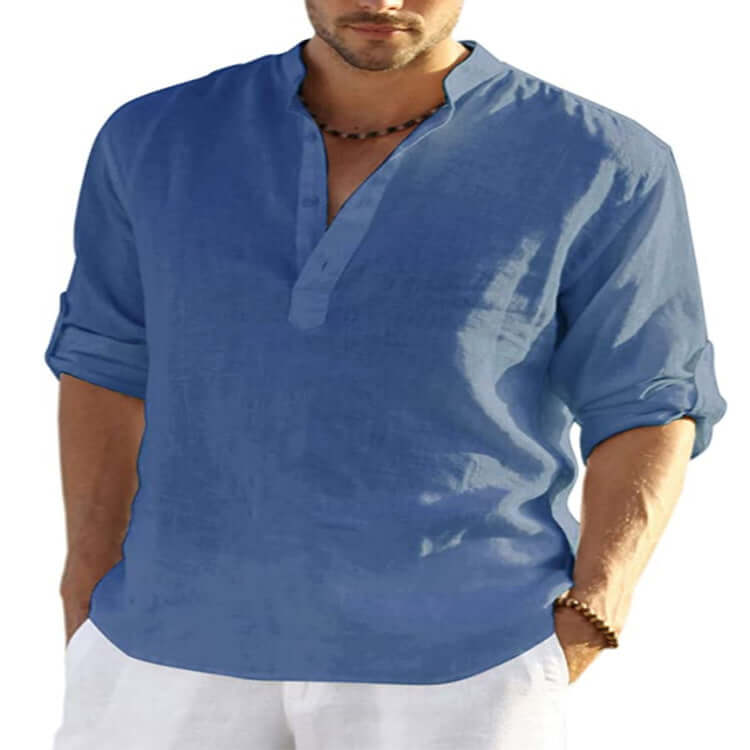 Men's Casual Cotton Linen Solid Color Long Sleeve Shirt Loose Stand Collar Astrazona