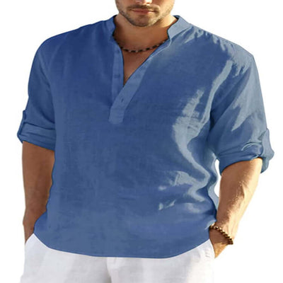 Men's Casual Cotton Linen Solid Color Long Sleeve Shirt Loose Stand Collar Astrazona