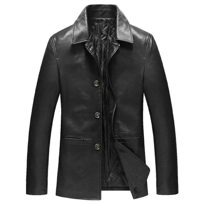 Men's black lapel leather jacket with single-breasted placket and fitted design.
