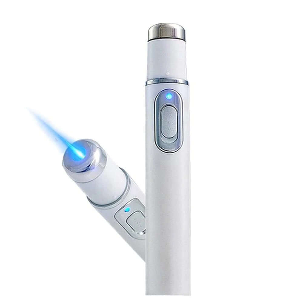 Blue light therapy acne laser pen for skin treatment, featuring a sleek design and blue emission for skincare efficacy.