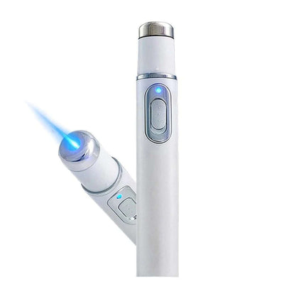 Blue light therapy acne laser pen for skin treatment, featuring a sleek design and blue emission for skincare efficacy.