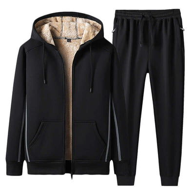 Men's black leisure sports suit featuring a cozy hooded jacket and comfortable pants, ideal for casual wear and sports.