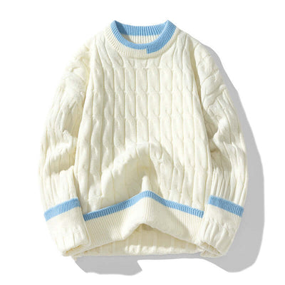White pullover sweater with blue ribbed cuffs and neckline, ideal for men's autumn and winter style.