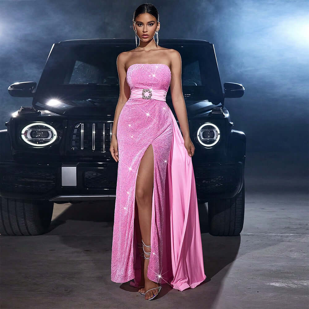 Velvet sequined tube top banquet dress with cinched waist