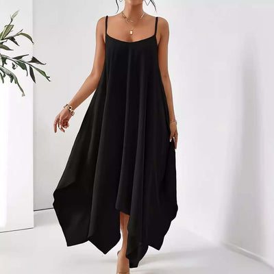 Fashion Solid Color Sling Backless Irregular Sleeveless Loose Dress eprolo