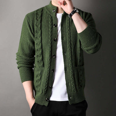 Men's loose-fitting green cardigan with pockets, stylish fashion jacquard design for youth, comfortable polyester fiber material.