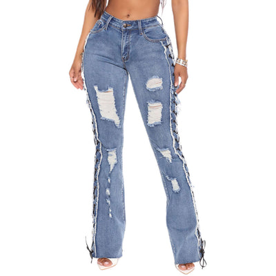 Eyelet Rope High Elasticity Slim Fit Ripped Denim Trousers Dropshipman