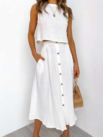 Women's Fashionable Simple Round Neck Vest Shirt Mid-length Dress Two-piece Suit eprolo