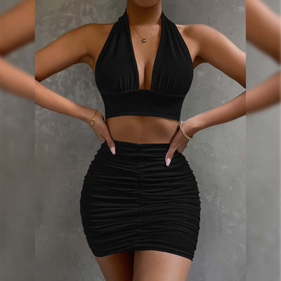 2pcs Dress Suits For Women Halter Lace-up Hip Top And Pleated Hip-covering Skirt eprolo