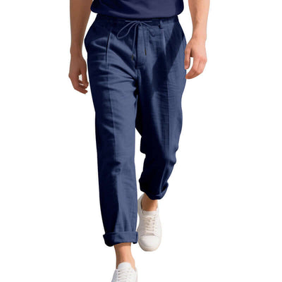 Men's casual navy linen pants with drawstring, perfect for summer leisure activities.