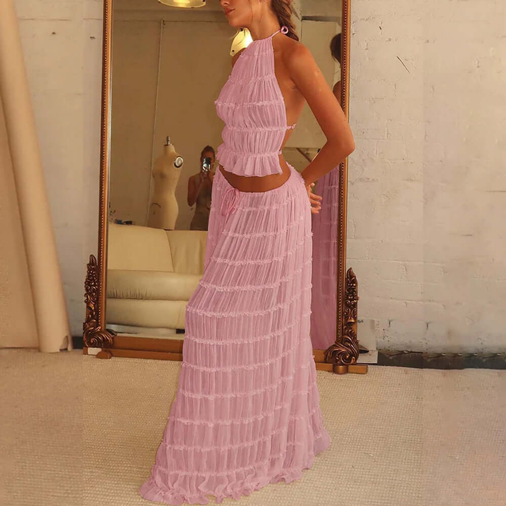 2pcs Women's Dress Suit Sexy Sleeveless Backless Cropped Halter Top And Pleated Long Skirt Beach Clothing eprolo