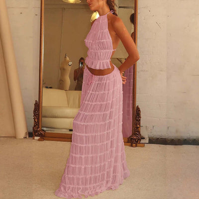 2pcs Women's Dress Suit Sexy Sleeveless Backless Cropped Halter Top And Pleated Long Skirt Beach Clothing eprolo