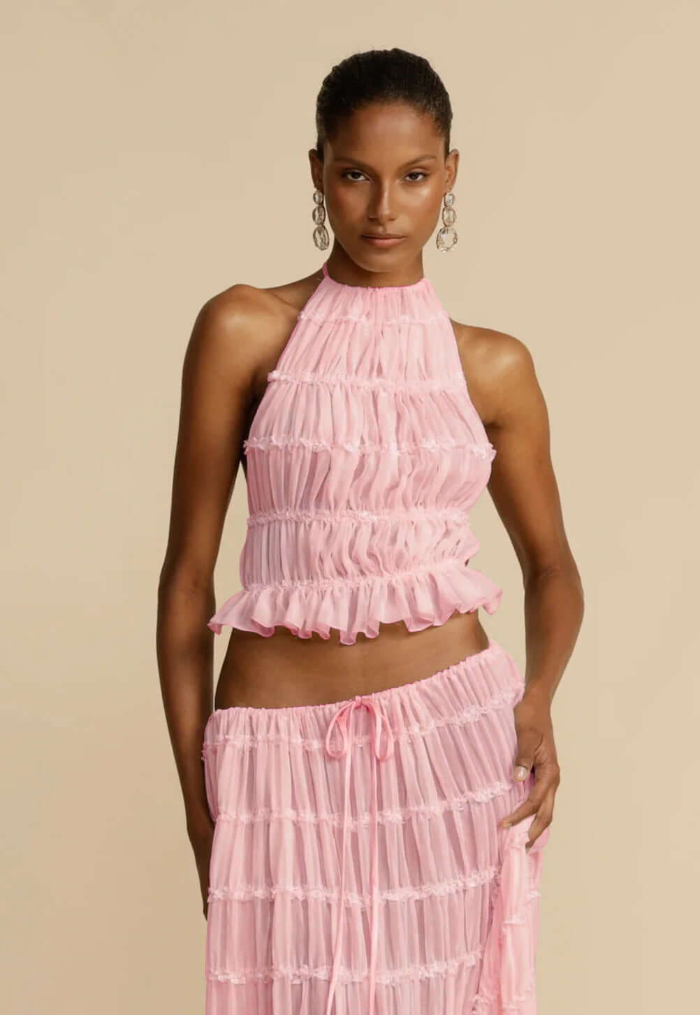 2pcs Women's Dress Suit Sexy Sleeveless Backless Cropped Halter Top And Pleated Long Skirt Beach Clothing eprolo