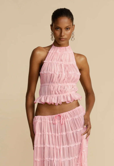2pcs Women's Dress Suit Sexy Sleeveless Backless Cropped Halter Top And Pleated Long Skirt Beach Clothing eprolo