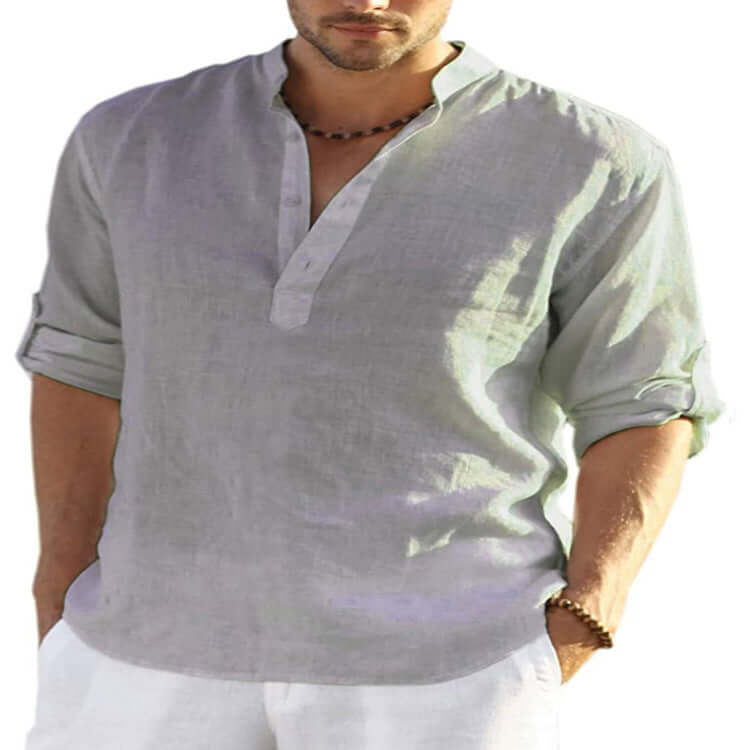 Men's Casual Cotton Linen Solid Color Long Sleeve Shirt Loose Stand Collar Astrazona