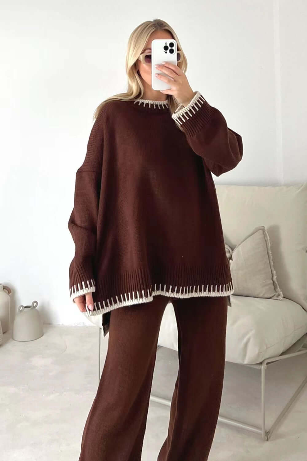 Women's Suit Fashion Pullover Split Long-sleeved Top And Loose Straight Pants Solid Color Two-piece Set eprolo