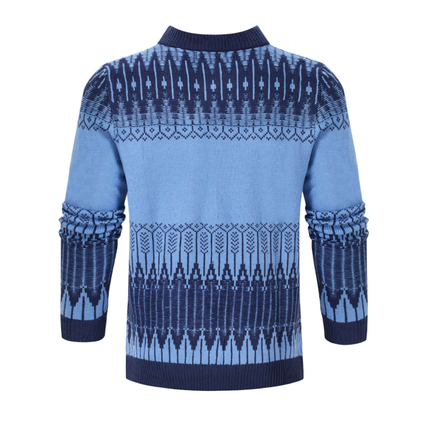 Men's long-sleeved knitted sweater in blue with patterned design, perfect for fall and winter fashion. Available in multiple sizes.