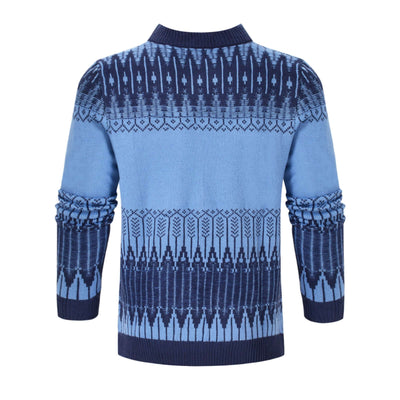 Men's long-sleeved knitted sweater in blue with patterned design, perfect for fall and winter fashion. Available in multiple sizes.